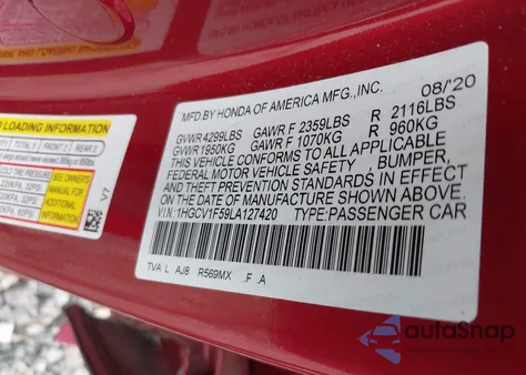 2020 Honda Accord Ex-L z USA, uszkodzony, nr VIN 1HGCV1F59LA127420